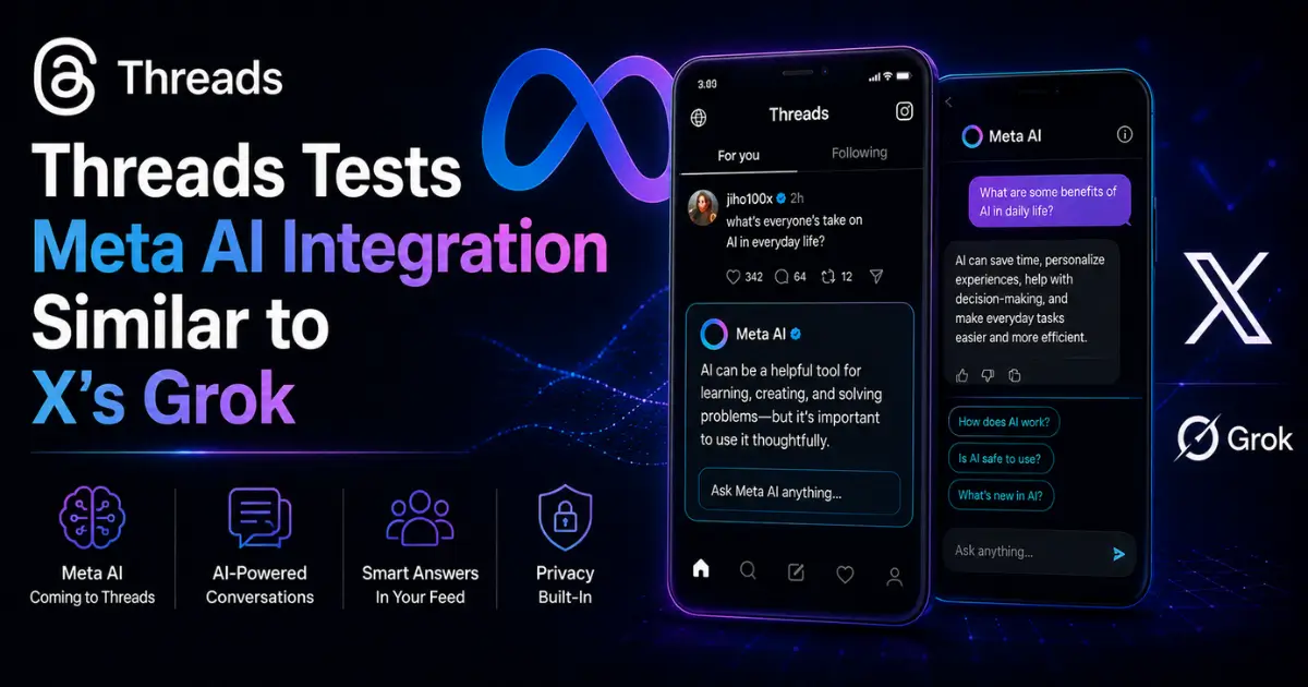 Futuristic social media AI banner with neon purple and blue accents showing Threads app interface, Meta AI chat integration, X and Grok logos, and centered headline about Threads testing Meta AI integration similar to Gr
