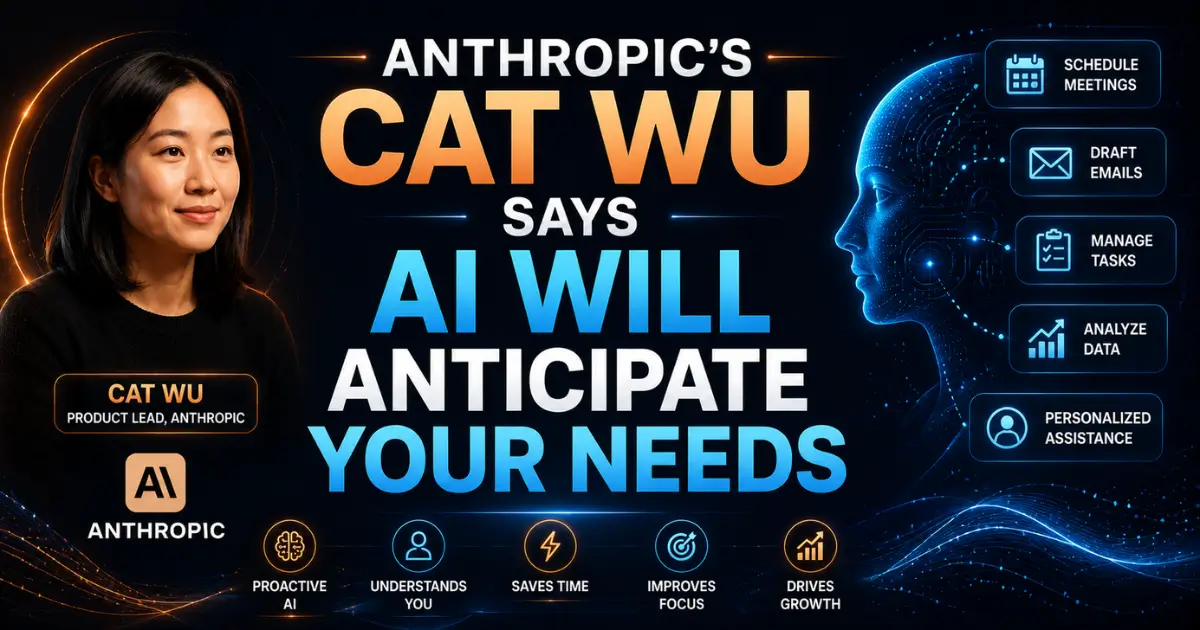 Futuristic AI prediction banner with neon blue and orange accents showing Cat Wu portrait, digital AI face visualization, productivity icons, and centered headline reading “Anthropic’s Cat Wu Says AI Will Anticipate Your