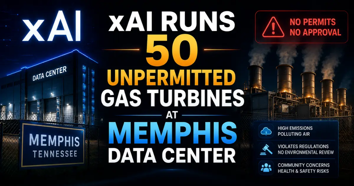Dramatic industrial AI news banner with neon blue and orange accents showing xAI data center, multiple gas turbines emitting smoke, warning signs, and centered headline reading “xAI Runs 50 Unpermitted Gas Turbines at Me