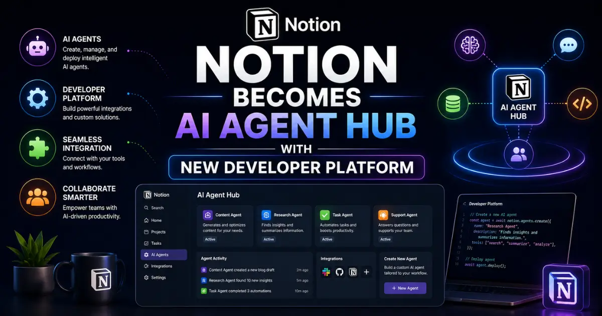 Futuristic AI productivity banner with neon blue and purple accents showing Notion AI dashboards, developer platform visuals, connected AI agent icons, and centered headline reading “Notion Becomes AI Agent Hub With New