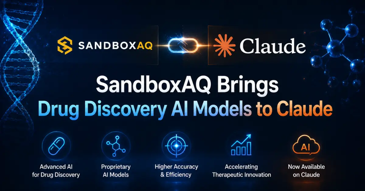 A futuristic biotech-themed banner featuring SandboxAQ and Anthropic’s Claude branding connected by a glowing chain link icon. The dark blue background includes DNA strands, molecular graphics, and neon tech effects. Lar