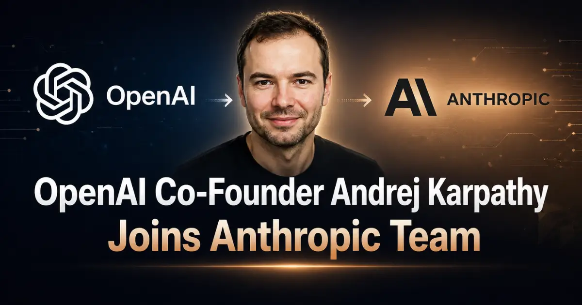 A sleek AI news banner showing Andrej Karpathy in the center, with the OpenAI logo on the left and Anthropic branding on the right. The background blends dark blue and bronze tones with futuristic circuit patterns and di