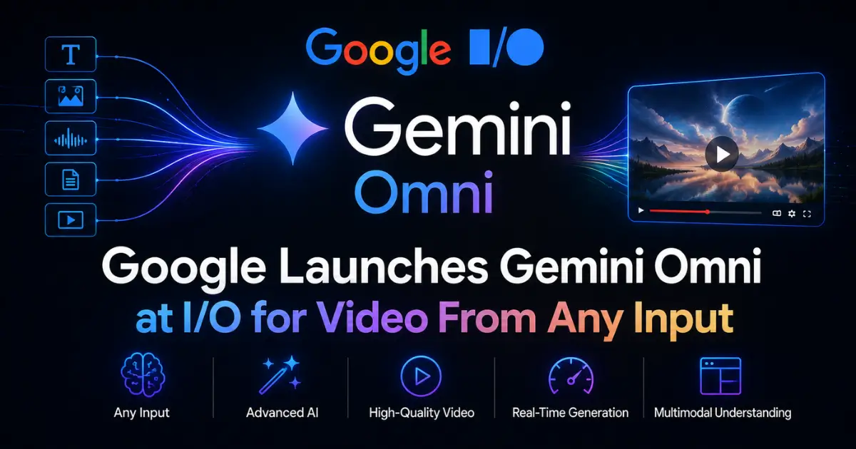 A futuristic tech-themed banner promoting Google’s Gemini Omni announcement at the Google I/O. The design features glowing neon effects, multimedia input icons, and a video player preview on a dark blue background. Large