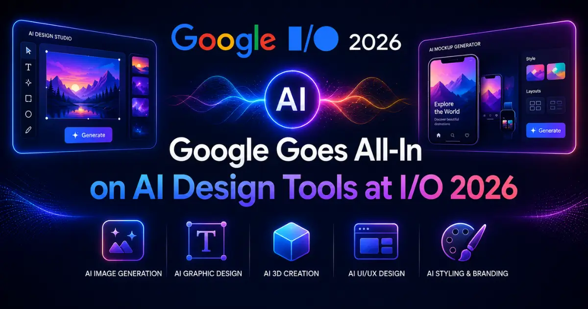 A futuristic promotional banner for Google at Google I/O 2026, showcasing AI-powered design tools. The dark neon-themed background features glowing AI graphics, colorful interface mockups, and creative design panels on b