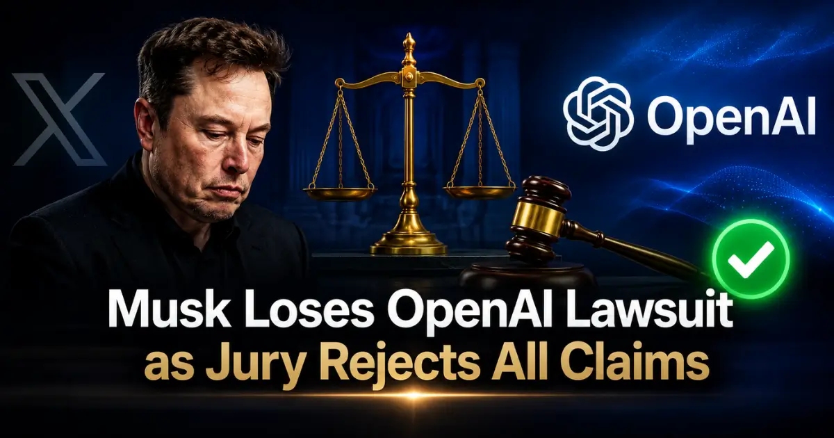 A dramatic legal-themed news graphic featuring Elon Musk on the left with a serious expression, and the OpenAI logo on the right. In the center are golden scales of justice and a judge’s gavel against a dark courtroom ba