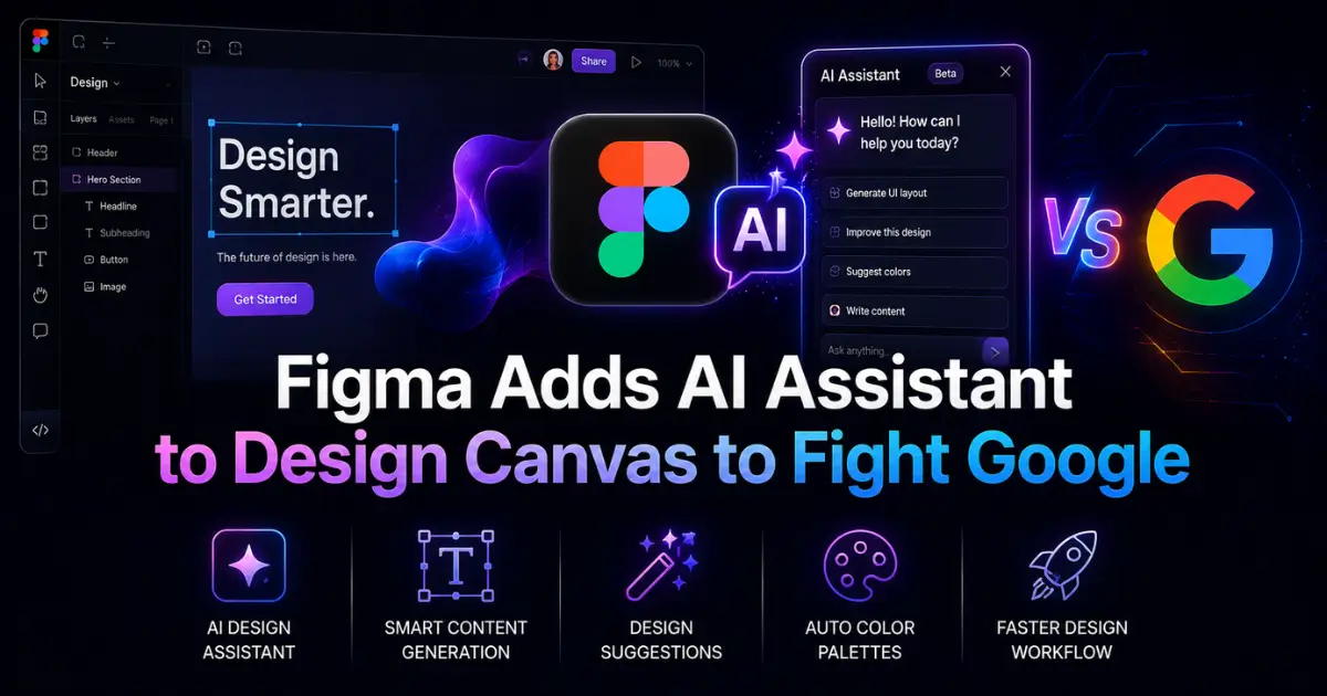 A vibrant tech-style banner showing Figma introducing an AI assistant for its design canvas to compete with Google. The image features a futuristic design editor interface, AI assistant chat panel, glowing neon effects, 