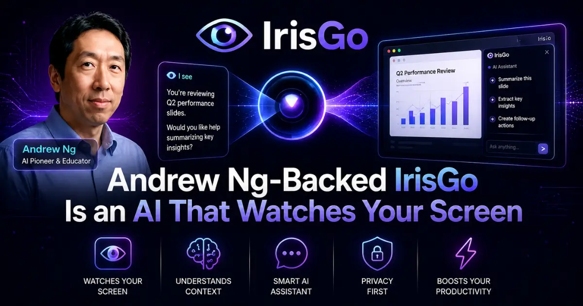 A sleek AI productivity-themed banner featuring Andrew Ng beside the IrisGo logo and interface mockups. The design uses a dark purple and blue neon background with glowing eye graphics and AI assistant panels showing scr