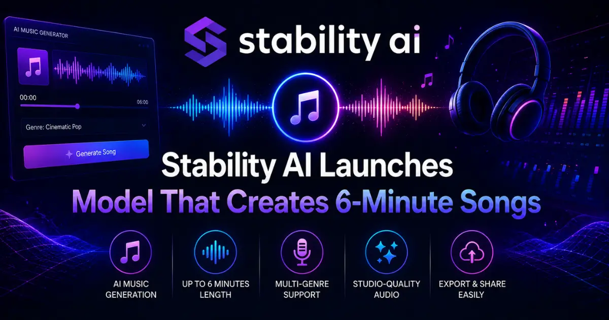 A futuristic music-themed promotional banner featuring Stability AI and its AI music generation model. The dark neon background includes glowing audio waveforms, floating music notes, studio headphones, and a music gener