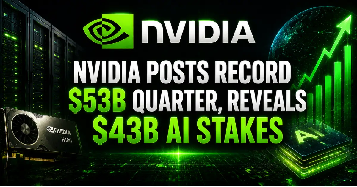 A futuristic AI finance banner showcasing NVIDIA with bright green neon accents, server racks, and a GPU card. The design features rising stock-style charts and glowing AI chip graphics on a dark tech background. Large c