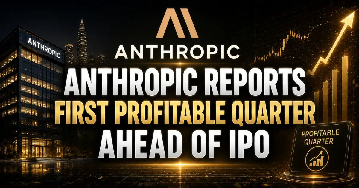 A sleek corporate-finance themed banner featuring Anthropic with a black-and-gold futuristic design. The image includes the Anthropic logo, glowing upward financial charts, and a modern illuminated office building at nig