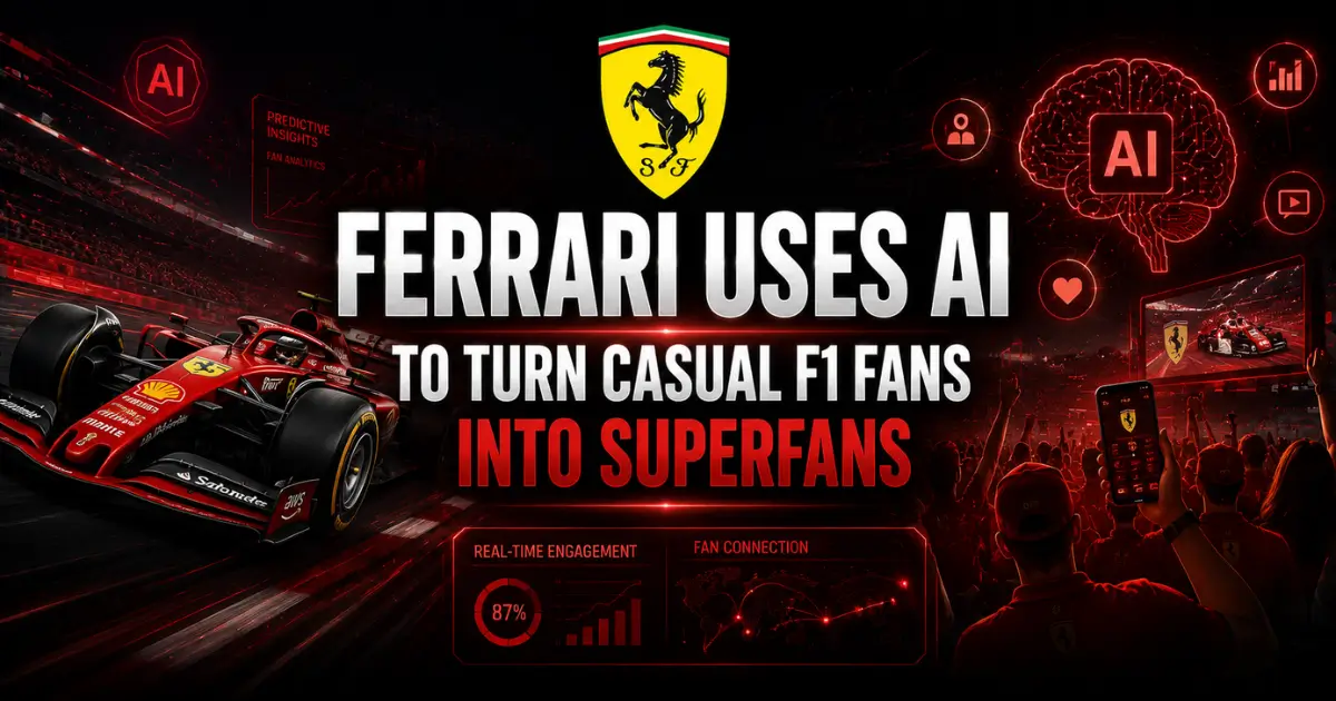 A high-energy racing-themed banner featuring Ferrari and AI-powered fan engagement. The image shows a red Ferrari Formula 1 car speeding across a racetrack on the left, while cheering fans and glowing AI graphics fill th
